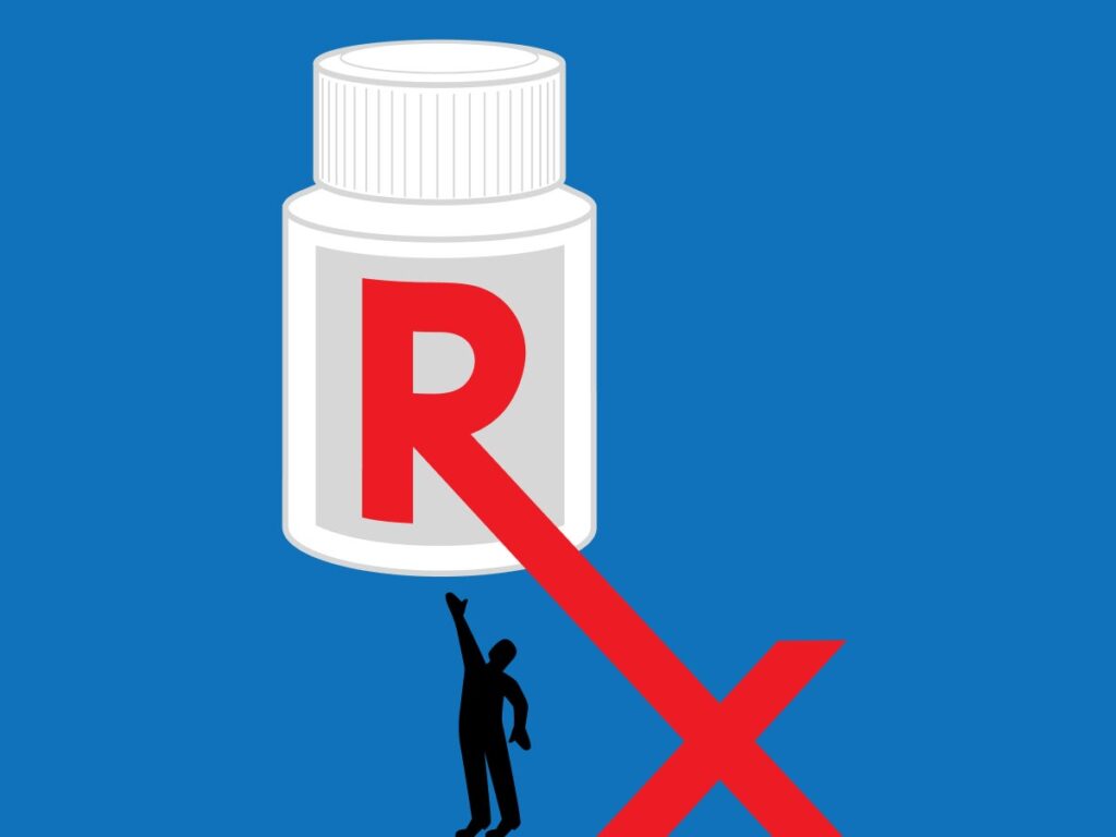 illustration of a shadow of person reaching up under a large medication bottle with an RX symbol, the X extending down and out of the label